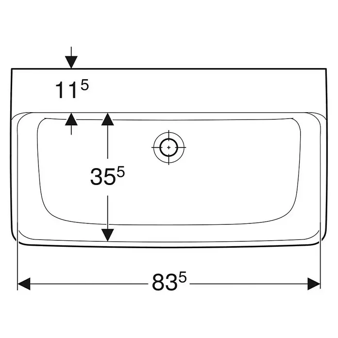 Geberit Renova Plan Waschtisch - 85 x 48 cm, Mit schmutzabweisender Glasur, Hahnloch: Ohne, Ohne Überlauf, Weiß - Technische Zeichnung eines rechteckigen weißen Keramikwaschbeckens, mit Gesamtbreite 83,5 und Beckentiefe 35,5 Einheiten.