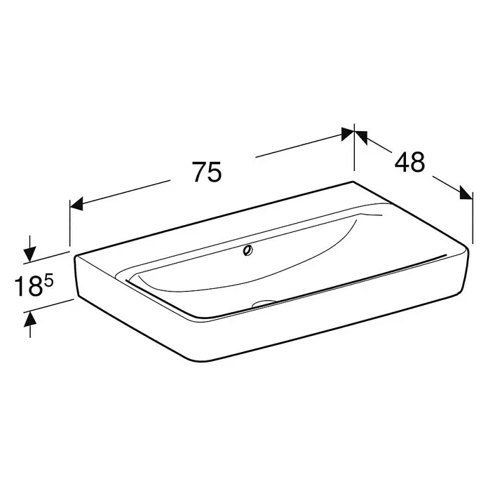 Geberit Renova Plan Waschtisch - 75 x 48 cm, Ohne Spezialglasur, Hahnloch: Ohne, Mit Überlauf, Weiß - Weißes Keramik-Waschbecken mit Maßen: 75 cm Breite, 48 cm Tiefe, 18,5 cm Höhe.