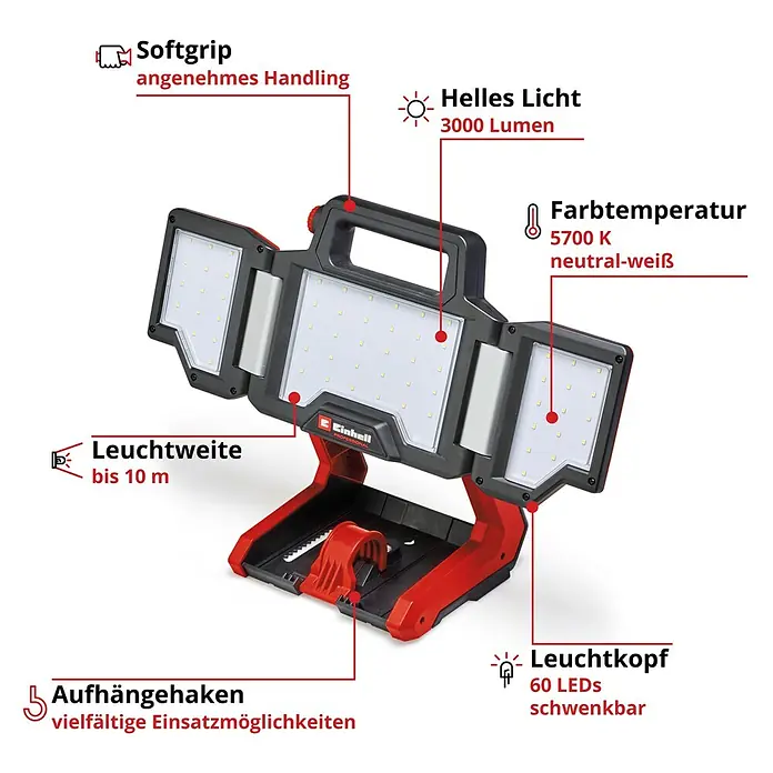 Einhell Professional Power X-Change 18V LED Baustrahler TP-CL 18/3000 Li-Solo - 18 V, Ohne Akku, 3.000 lm, 5.700 K - Bild einer Einhell-Baustellenleuchte mit Softgriff, 3000 Lumen Lichtstärke, 5700 K Farbtemperatur und einer Leuchtweite von bis zu 10 Metern.