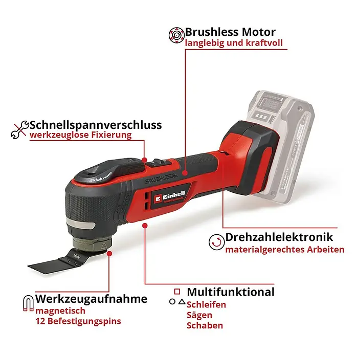 Einhell Professional Power X-Change 18V Akku-Multifunktionswerkzeug TP-MG 18 Li BL-Solo - 18 V, Ohne Akku, Oszillationswinkel: 3,2 ° - Das Bild zeigt einen Einhell Akku-Multifunktionswerkzeug mit magnetischer Werkzeugaufnahme und Schnellspannverschluss.
