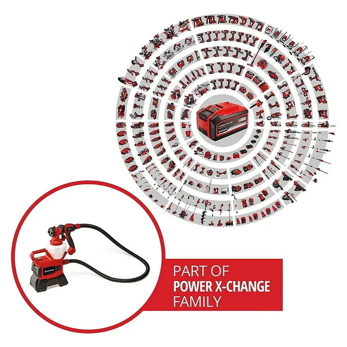 Einhell Power X-Change 18V Akku-Farbsprühsystem Akku-Farbsprühsystem TE-SY 18/90 Li-Solo - 18 V, Ohne Akku - Abbildung eines Einhell Akku-Farbsprühsystems, das Teil der Power X-Change Familie ist und von einer Akku-betriebenen Basis gespeist wird.