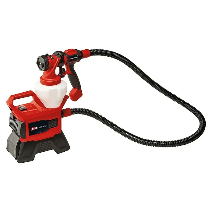 Einhell Power X-Change 18V Akku-Farbsprühsystem Akku-Farbsprühsystem TE-SY 18/90 Li-Solo - 18 V, Ohne Akku - Einhell Akku-Farbsprühsystem mit rotem Gehäuse, weißem Behälter und schwarzem Schlauch. Ideal für Heimwerkerprojekte.