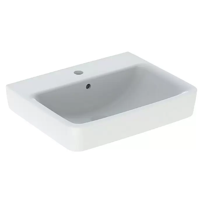 Geberit Renova Plan Waschtisch - 55 x 44 cm, Ohne Spezialglasur, Hahnloch: Mitte, Mit Überlauf, Weiß - Weißes, rechteckiges Keramik-Waschbecken mit Hahnloch und Überlauf.