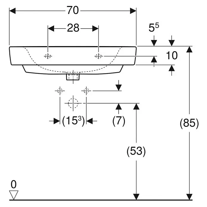 Geberit Renova Plan Waschtisch - 70 x 48 cm, Mit schmutzabweisender Glasur, Hahnloch: Ohne, Ohne Überlauf, Weiß - Technische Zeichnung eines Waschtisches mit Maßen für Breite, Höhe und Befestigungspunkte in Vorderansicht.