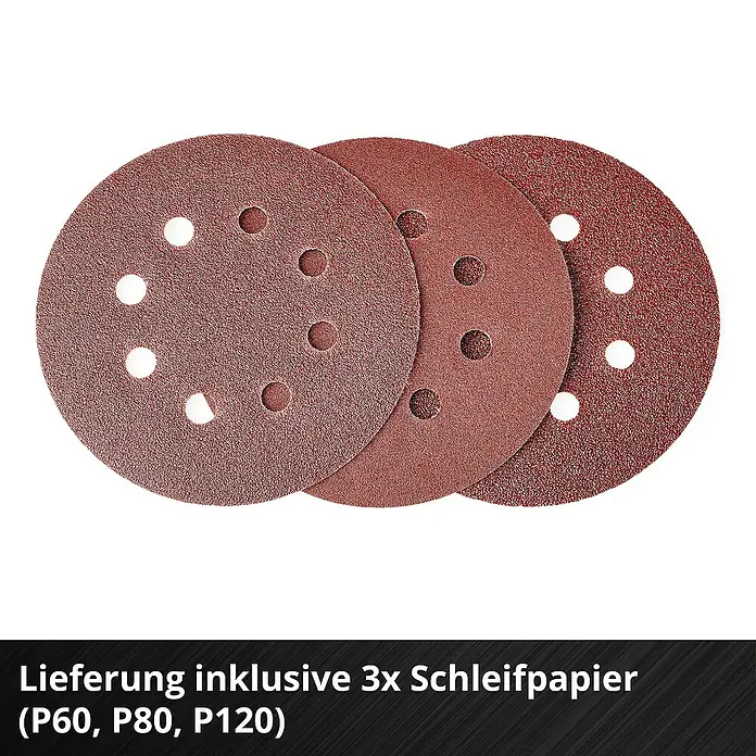 Einhell Power X-Change 18V Akku-Exzenterschleifer TP-RS 18/32 Li BL-Solo - 18 V, Ohne Akku, 125 mm - Schleifpapier-Set: Drei Schleifscheiben (P60, P80, P120) für Schleifarbeiten in verschiedenen Körnungen.