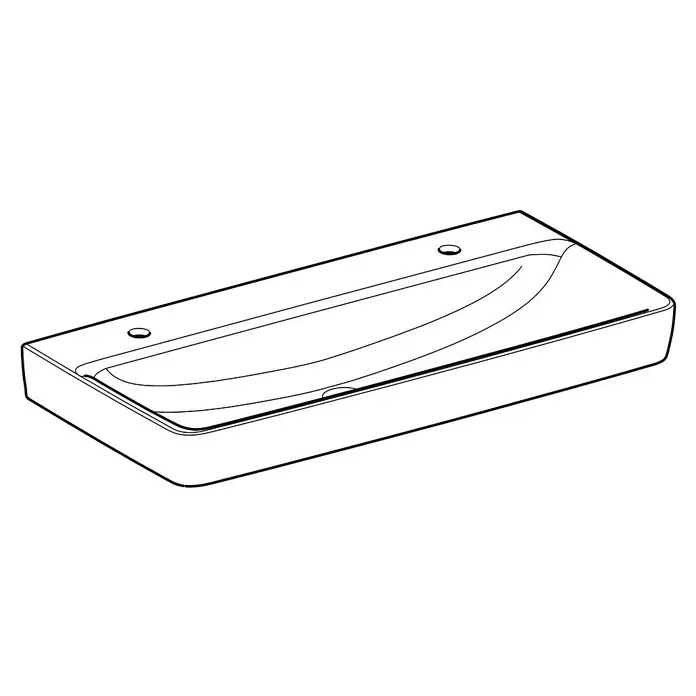 Geberit Renova Plan Doppelwaschtisch - 100 x 48 cm, Ohne Spezialglasur, Hahnloch: Mitte, Mit Überlauf, Weiß - Weißes rechteckiges Waschbecken mit geschwungenem Becken und zwei Hahnlöchern.