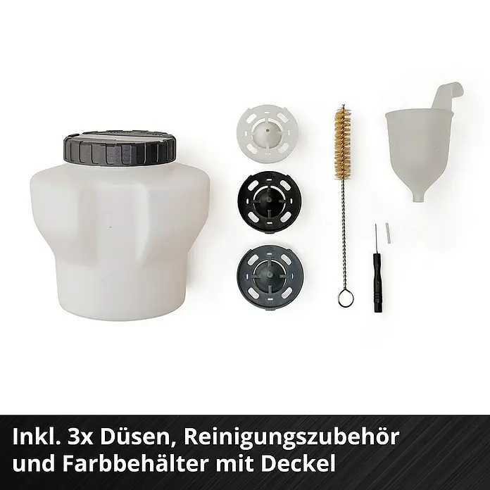 Einhell Power X-Change 18V Akku-Farbsprühsystem Akku-Farbsprühsystem TE-SY 18/90 Li-Solo - 18 V, Ohne Akku - Produktbild mit Farbbehälter, drei Düsen, Reinigungsbürste und weiterem Zubehör für Farbspritzgeräte.