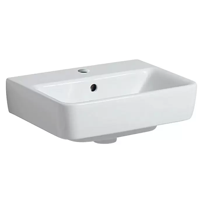 Geberit Renova Plan Aufsatzwaschbecken - 45 x 34 cm, Mit schmutzabweisender Glasur, Hahnloch: Mitte, Mit Überlauf, Weiß - Weißes rechteckiges Wandwaschbecken aus Keramik mit Hahnloch und Überlauf.