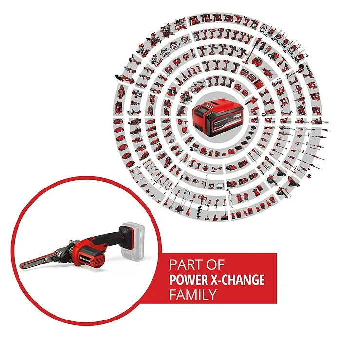 Einhell Power X-Change 18V Akku-Bandfeile TE-BF 18 Li-Solo - 18 V, Ohne Akku, Bandgeschwindigkeit: 250 m/min - 1.700 m/min - Akkubandschleifer von Einhell, Teil der Power X-Change Familie. Das Gerät zeichnet sich durch seine Flexibilität und kabellose Nutzung aus.