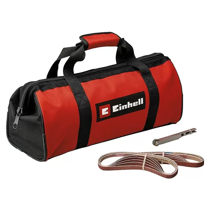 Einhell PXC 18V Lijadora de banda estrecha de batería TE-BF 18 Li-Solo - 18 V, Sin batería, Velocidad de cinta: 250 m/min - 1.700 m/min - Bolsa de herramientas Einhell roja y negra con asas, acompañada de varias correas de lija y un accesorio de lijado.