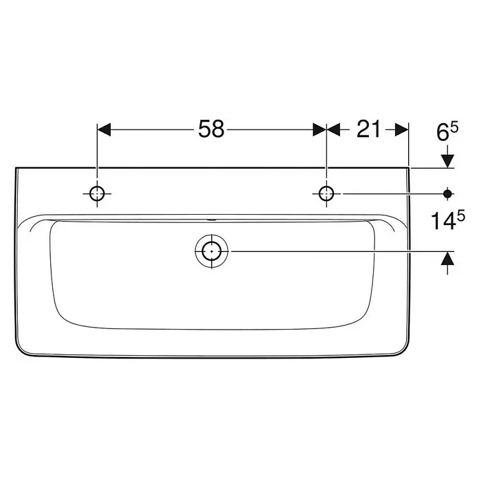 Geberit Renova Plan Doppelwaschtisch - 100 x 48 cm, Ohne Spezialglasur, Hahnloch: Mitte, Mit Überlauf, Weiß - Technische Zeichnung eines Waschbeckens, Draufsicht, mit Bemaßung für Befestigungspunkte und Mittelablauf.