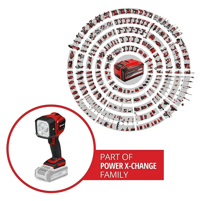 Einhell Power X-Change 18V Akku-Lampe TC-CL 18/350 Li-Solo - 18 V, Ohne Akku, 350 lm - Das Bild zeigt eine Einhell Akku-Lampe im Vordergrund, umgeben von weiteren Einhell-Produkten, die alle zur Power X-Change Familie gehören.