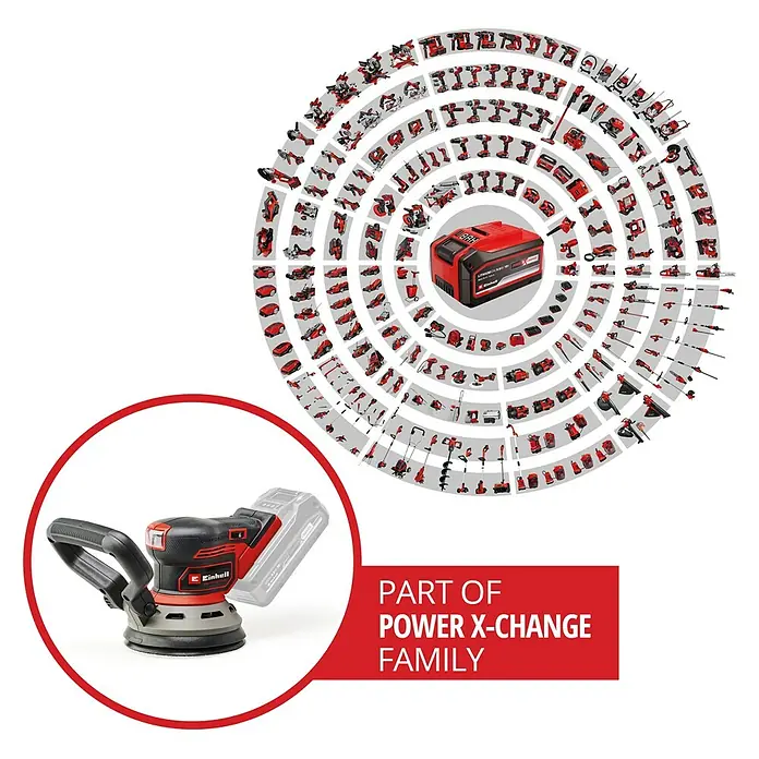 Einhell Power X-Change 18V Akku-Exzenterschleifer TP-RS 18/32 Li BL-Solo - 18 V, Ohne Akku, 125 mm - Das Bild zeigt eine Nahaufnahme eines Einhell Exzenterschleifers mit Akku. Im Hintergrund ist eine Auswahl an Einhell Power X-Change Werkzeugen zu sehen.
