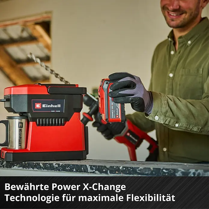 Einhell Power X-Change 18V Akku-Kaffeemaschine TE-CF 18 Li-Solo - 18 V, Ohne Akku - Einhell Akku-Kaffeezubereiter mit Power X-Change Akku. Der Kaffeezubereiter ist rot-schwarz, dazu gibt es eine Edelstahl Tasse.