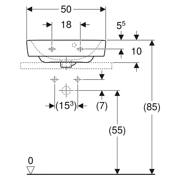Geberit Renova Plan Aufsatzwaschbecken - 50 x 38 cm, Ohne Spezialglasur, Hahnloch: Mitte, Mit Überlauf, Weiß - Technische Zeichnung eines Waschtischs mit wichtigen Einbaumaßen.