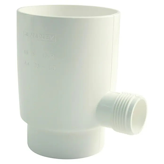 Marley Regensammler - Nennweite: 75 mm, Kunststoff, Weiß - Nahaufnahme eines weißen Marley-Regenfallrohrfilters mit seitlichem Gewindeanschluss, ideal für die Installation an Fallrohren.