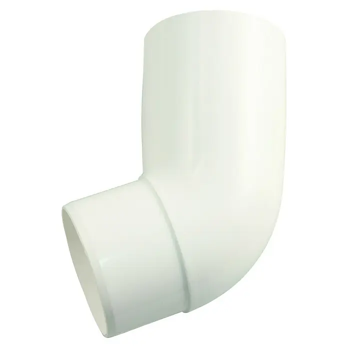 Marley Fallrohrbogen - Nennweite: 75 mm, Winkel: 67 °, Kunststoff, Weiß - Weiße PVC-Rohrverschraubung in einem 90-Grad-Winkel, ideal für Sanitär- und Bauprojekte, die eine zuverlässige und dauerhafte Verbindung benötigen.