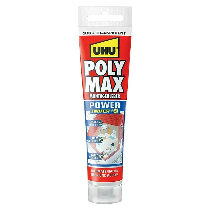 UHU Poly Max Montagekleber Power - Transparent, 115 g, Tube - UHU POLY MAX Montagekleber: Ein transparentes, starkes Produkt für vielfältige Anwendungen im Innen- und Außenbereich. Ideal zum Kleben, Montieren und Dichten.