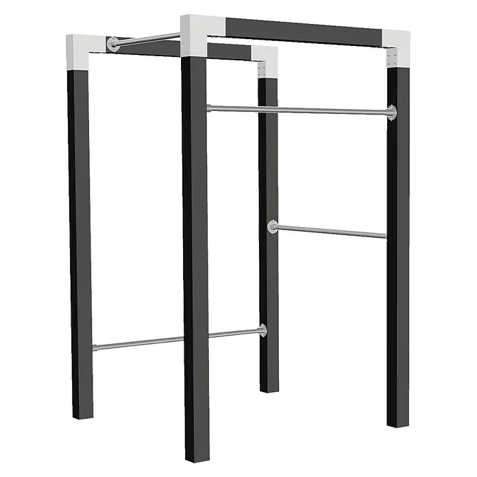 Klettergerüst Outdoor Fitness - 138 x 138 x 220 cm, Holz, Schwarz RAL 9005 - Schwarz-graues Calisthenics-Trainingsgerät aus Metall mit vertikalen Pfosten und mehreren Klimmzugstangen.