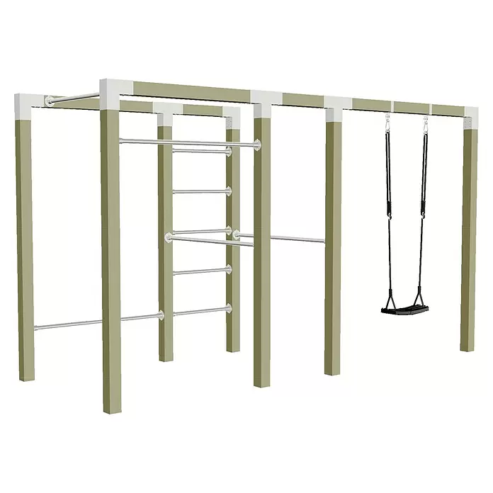 Plus Klettergerüst Outdoor Fitness inkl. Schaukel - 380 x 138 x 220 mm, Holz, Natur - Outdoor-Spielgerät: olivgrünes Gestell, silberne Sprossen und eine schwarze Schaukel.