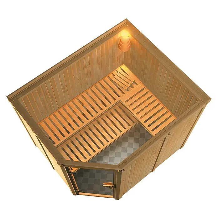 Karibu Elementsauna Malin - Ohne Ofen, Ohne Dachkranz, L x B x H: 231 x 196 x 192 cm - Innenansicht einer Holzsauna mit Bänken und Schachbrettboden. Die Sauna ist warm beleuchtet und einladend gestaltet.
