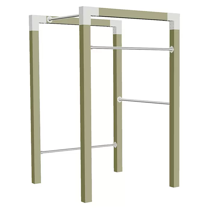Klettergerüst Outdoor Fitness - 138 x 138 x 220 cm, Holz, Natur - Ein Fitnessrahmen mit hellbraunen Pfosten, weißen Eckverbindern und silbernen Klimmzugstangen.