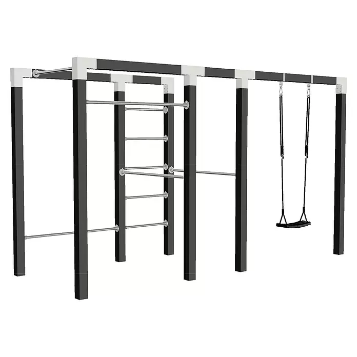 Plus Klettergerüst Outdoor Fitness inkl. Schaukel - 380 x 138 x 220 mm, Holz, Schwarz RAL 9005 - Outdoor-Spielgerüst mit dunkelgrauen und hellgrauen Rahmen, silbernen Horizontalstangen und schwarzer Schaukel.