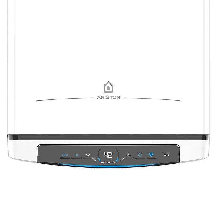 Ariston Termo eléctrico reversible Velis Pro Wifi - 100 l, 1.500 W - Primer plano de un calentador de agua Ariston con pantalla digital y controles de usuario.
