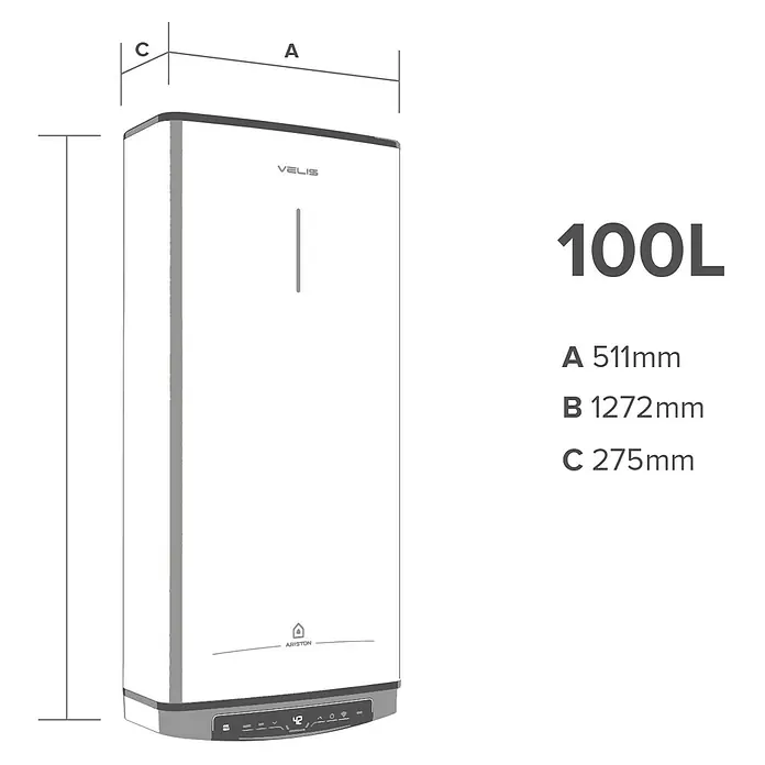 Ariston Termo eléctrico reversible Velis Pro Wifi - 100 l, 1.500 W - Ilustración de un calentador de agua Ariston Velis de 100L que muestra sus dimensiones A, B y C.