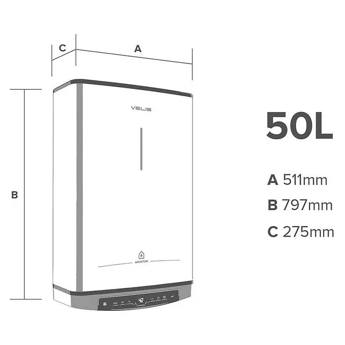 Ariston Termo eléctrico reversible Velis Pro Wifi - 50 l, 1.500 W - Ilustración de un calentador de agua Velis de 50L, que muestra las dimensiones (A: 511mm, B: 797mm, C: 275mm) para representar el tamaño del producto.