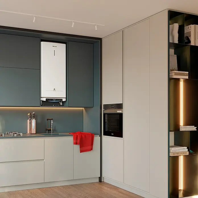 Ariston Termo eléctrico reversible Velis Pro Wifi - 100 l, 1.500 W - Una vista de cocina moderna con un calentador de agua blanco y elegante integrado en elegantes armarios de cocina grises.