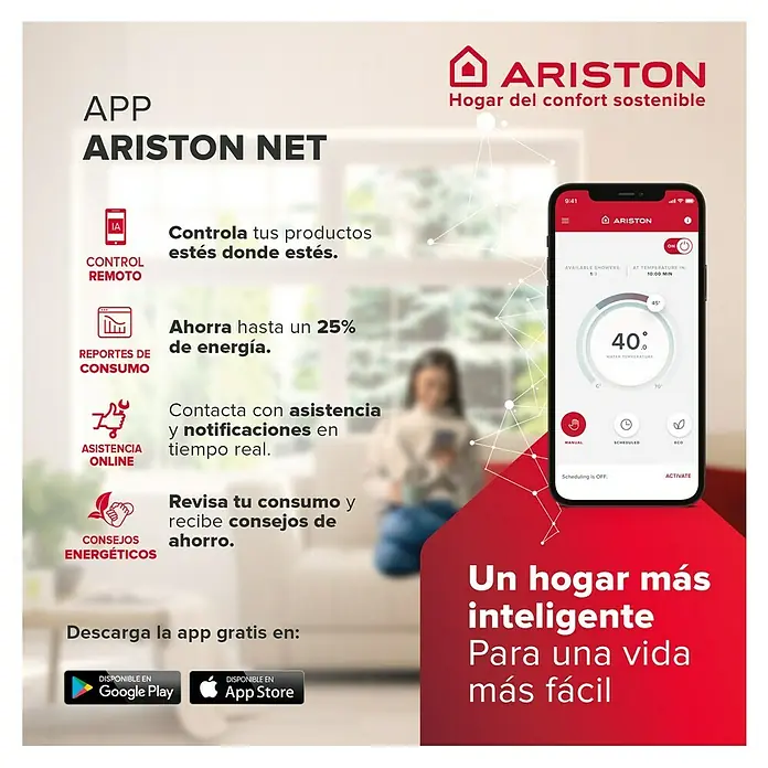 Ariston Termo eléctrico reversible Velis Pro Wifi - 100 l, 1.500 W - Anuncio de la app Ariston Net, que permite controlar tus productos desde cualquier lugar y ahorrar hasta un 25% de energía.