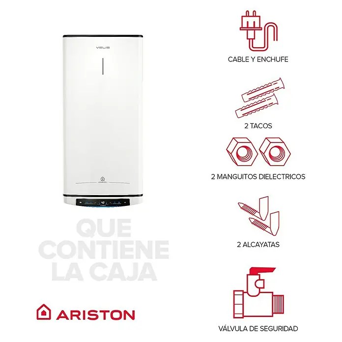 Ariston Termo eléctrico reversible Velis Pro Wifi - 100 l, 1.500 W - Imagen de un calentador de agua Velis y accesorios incluidos como cable, enchufe, tacos y válvulas en la caja de entrega.