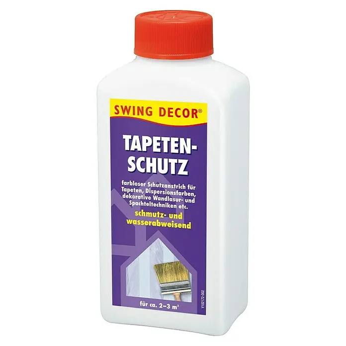 Swing Decor Tapetenschutz - 250 ml - Abbildung einer Flasche Tapetenschutz von Swing Decor. Farbloser Schutzanstrich für Tapeten, Dispersionsfarben, dekorative Wandlasur- und Spachteltechniken.