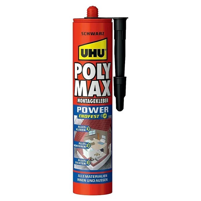 UHU Poly Max Montagekleber Power - Schwarz, 425 g, Kartusche - UHU Poly Max Montagekleber, ein starker Alleskleber für Innen- und Außenbereiche, ideal für dauerhafte und zuverlässige Verbindungen.