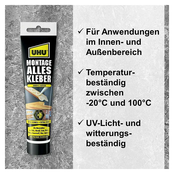 UHU Montagekleber Alleskleber - 165 g, Tube - UHU Montage Alles Kleber: Vielseitiger Klebstoff für Innen- und Außenbereiche, temperaturbeständig und UV- sowie witterungsbeständig.