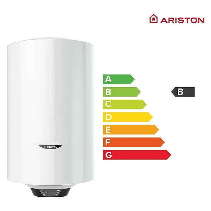 Ariston Termo eléctrico Pro1 Eco Slim - 30 l, 1.800 W, Montaje en la pared - Un calentador de agua Ariston blanco con una calificación de eficiencia energética de B, visualizado con una etiqueta de eficiencia de color.