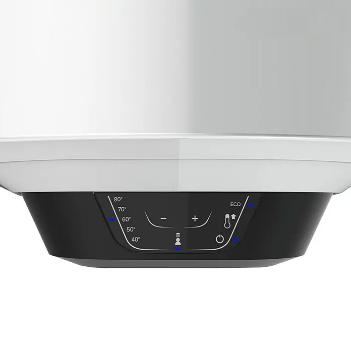 Ariston Termo eléctrico Pro1 Eco Slim - 30 l, 1.800 W, Montaje en la pared - Primer plano del panel de control de un calentador de agua con ajustes de temperatura y modo ECO. Control preciso.