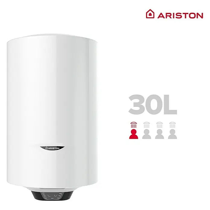 Ariston Termo eléctrico Pro1 Eco Slim - 30 l, 1.800 W, Montaje en la pared - Imagen de un calentador de agua Ariston blanco con una capacidad de 30 litros, perfecto para uso doméstico.