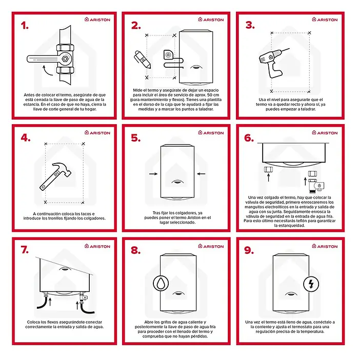 Ariston Termo eléctrico Pro1 Eco Slim - 30 l, 1.800 W, Montaje en la pared - Guía de instalación de un calentador de agua Ariston, que abarca la preparación, el montaje y la conexión para un funcionamiento seguro.
