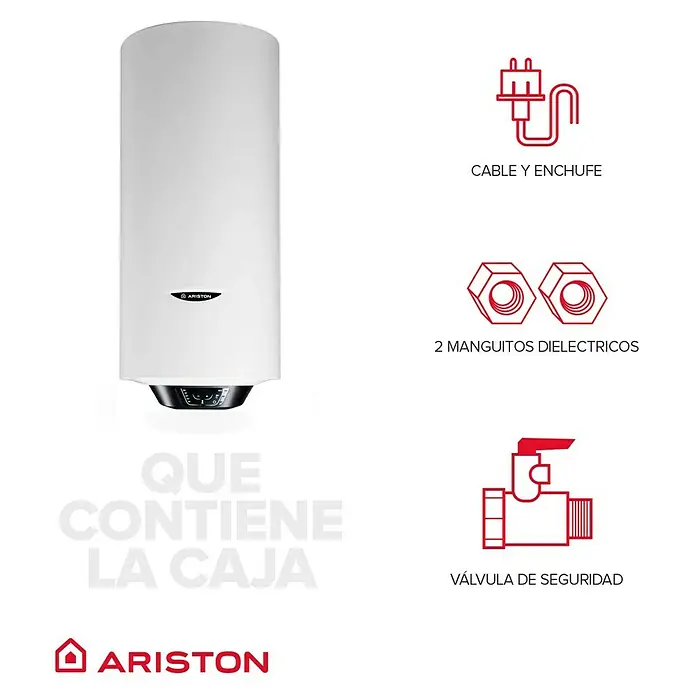 Ariston Termo eléctrico Pro1 Eco Slim - 30 l, 1.800 W, Montaje en la pared - Imagen de un calentador de agua Ariston con accesorios como cable, enchufe, manguitos dieléctricos y válvula de seguridad.