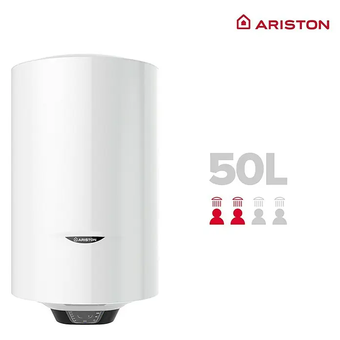 Ariston Termo eléctrico Pro1 Eco Slim - 50 l, 1.800 W, Montaje en la pared - Imagen de un calentador de agua Ariston de 50L, mostrando su eficiente solución de agua caliente para necesidades diarias.