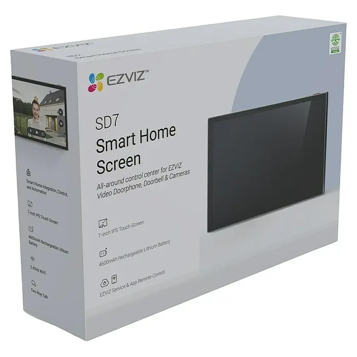 EZVIZ Türsprechanlagen-Monitor SD7 - Auflösung: 1.024 x 600 Pixel, Silber/Schwarz, 180,3 × 111,6 × 15,6 mm - Verpackung des EZVIZ SD7 Smart Home Screens mit Funktionen wie Touchscreen, Akku, WLAN und Zwei-Wege-Kommunikation.