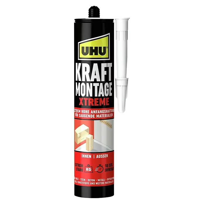 UHU Kraft Montagekleber Xtreme - 370 g, Tube - Abbildung einer Tube UHU Kraft Montage Xtreme, einem leistungsstarken Montagekleber für saugende Materialien, innen und außen.