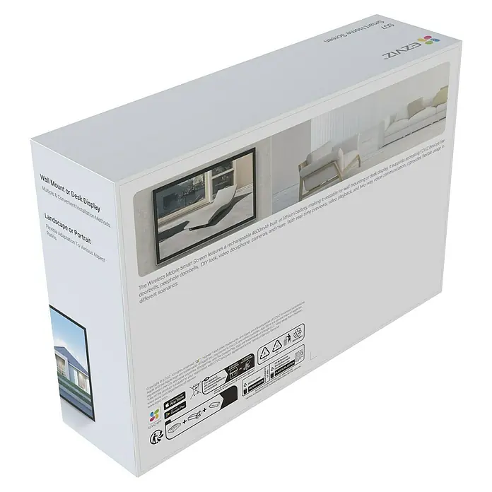 EZVIZ Türsprechanlagen-Monitor SD7 - Auflösung: 1.024 x 600 Pixel, Silber/Schwarz, 180,3 × 111,6 × 15,6 mm - Produktverpackung des EZVIZ Smart Home Bildschirms, der vielseitig einsetzbar ist und flexible Installationsmethoden für Tisch und Wand bietet.