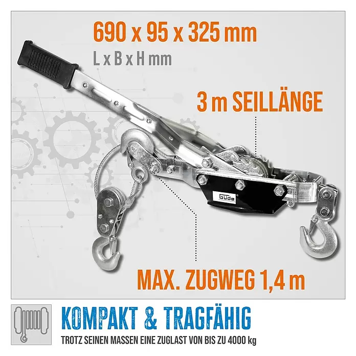 Güde Handhebelseilzug HS 4000 - Tragkraft: 4.000 kg - Silberne Handseilwinde mit schwarzem Griff und zwei Haken, mit 3m Seillänge und 4000kg Tragkraft.