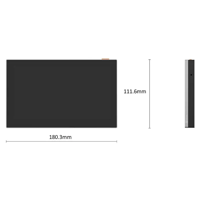 EZVIZ Türsprechanlagen-Monitor SD7 - Auflösung: 1.024 x 600 Pixel, Silber/Schwarz, 180,3 × 111,6 × 15,6 mm - Abbildung eines EZVIZ-Produkts mit den Abmessungen 180,3 mm Breite und 111,6 mm Höhe, dargestellt in einer technischen Zeichnung.