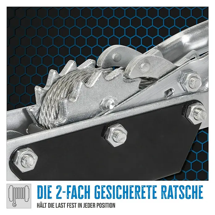 Güde Handhebelseilzug HS 2000 - Durchmesser Seil: 4,5 mm - Nahaufnahme einer Drahtseilwinde mit Doppelratsche. Zum sicheren Heben und Ziehen von Lasten.