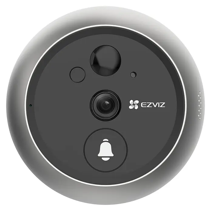 EZVIZ Digitaler Türspion DP2 2K - Silber, 1.920 x 1.080 Pixel (Full HD), Erfassungswinkel: 166 ° - Nahaufnahme einer EZVIZ-Türklingel mit Kamera, die modernes Design und erhöhte Sicherheit für Ihr Zuhause bietet.