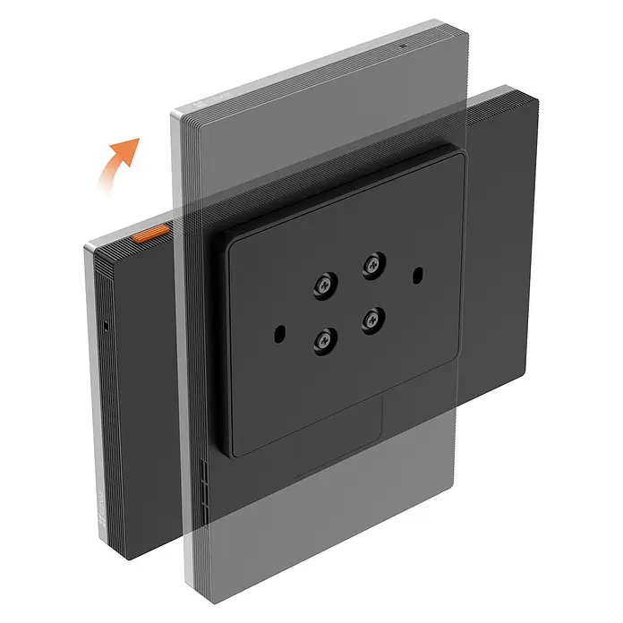 EZVIZ Türsprechanlagen-Monitor SD7 - Auflösung: 1.024 x 600 Pixel, Silber/Schwarz, 180,3 × 111,6 × 15,6 mm - Produktdarstellung eines schwarzen Geräts mit Montageplatte und Bewegungspfeil, der die Flexibilität des Geräts hervorhebt.
